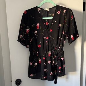 Sienna Sky Black Wrap Blouse with Pink & Red Floral